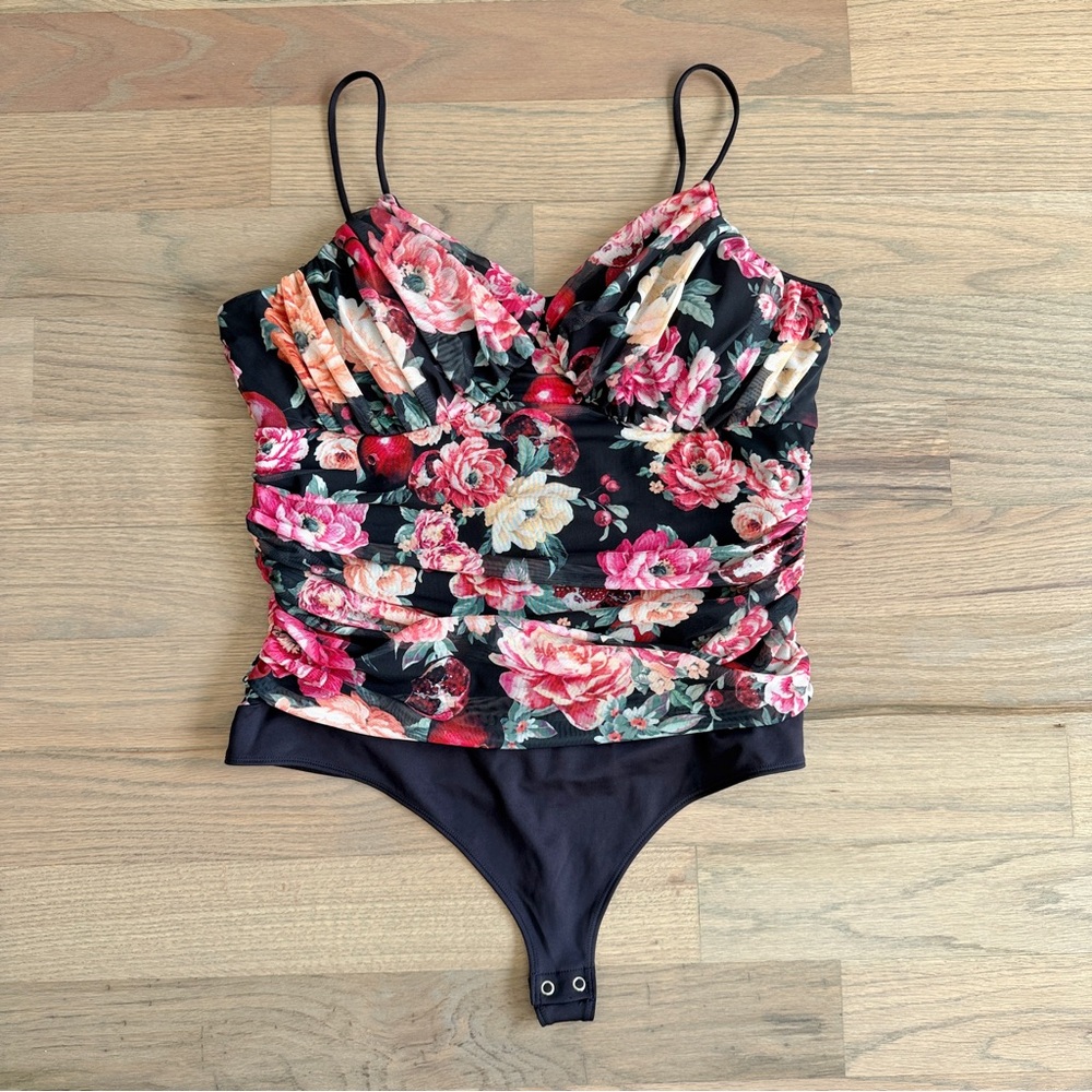 Express Body Contour Floral Mesh Cami Thong Bodysuit XL - Picture 4 of 9